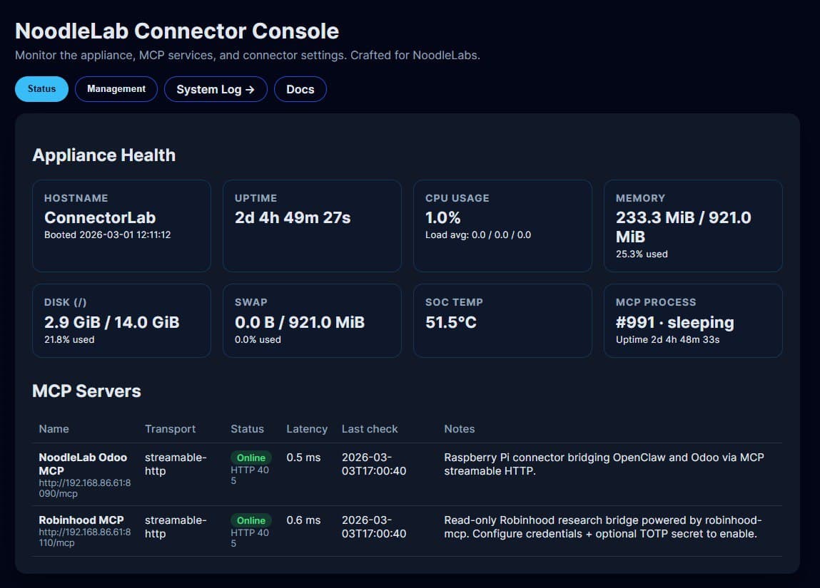 Screenshot of the NoodleLabs Connector Console